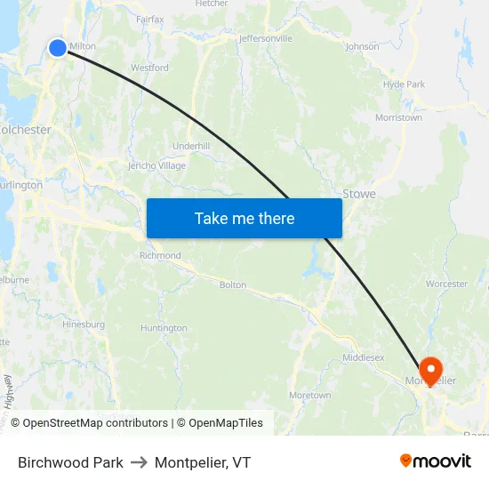 Birchwood Park to Montpelier, VT map