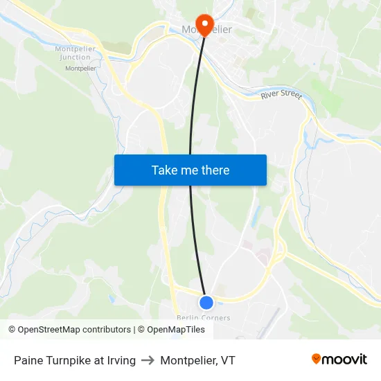 Paine Turnpike at Irving to Montpelier, VT map
