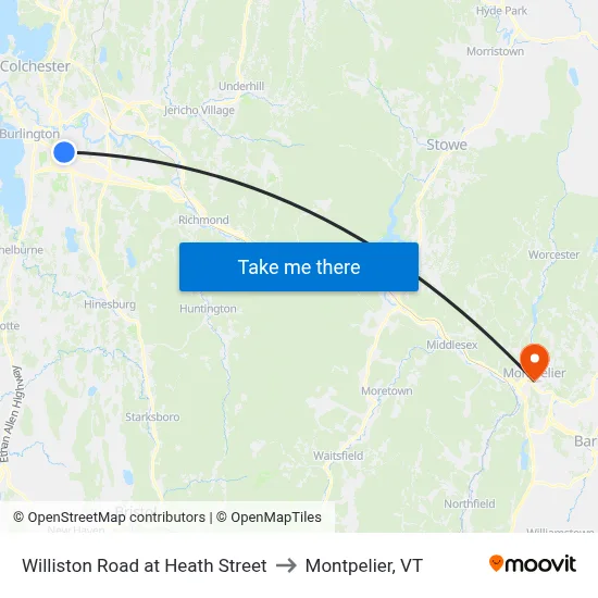 Williston Road at Heath Street to Montpelier, VT map