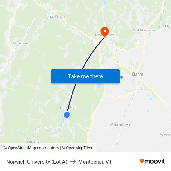 Norwich University (Lot A) to Montpelier, VT map
