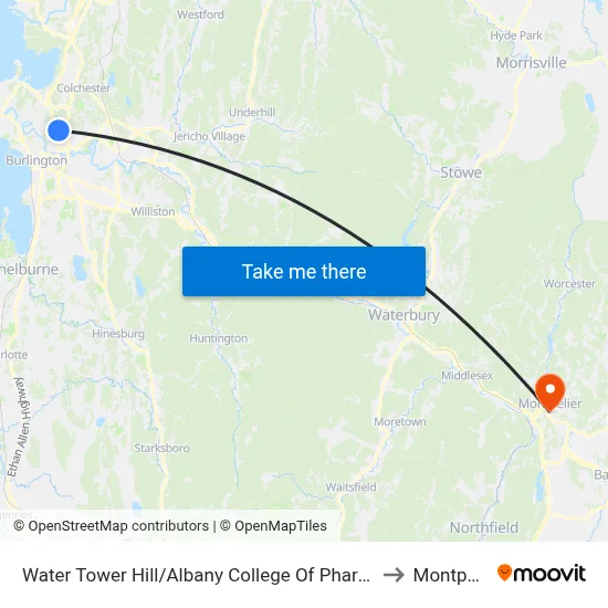 Water Tower Hill/Albany College Of Pharmacy And Health Sciences to Montpelier, VT map