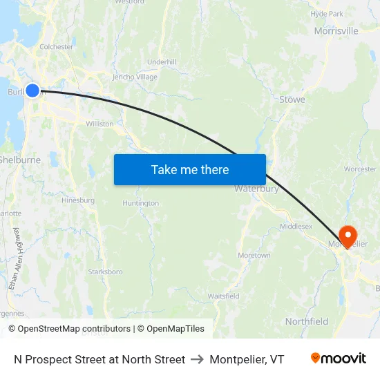 N Prospect Street at North Street to Montpelier, VT map