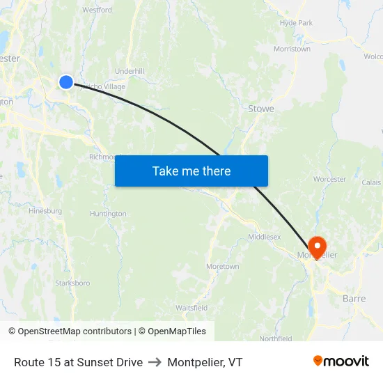 Route 15 at Sunset Drive to Montpelier, VT map