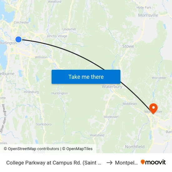 College Parkway at Campus Rd. (Saint Mikes West Entrance) to Montpelier, VT map