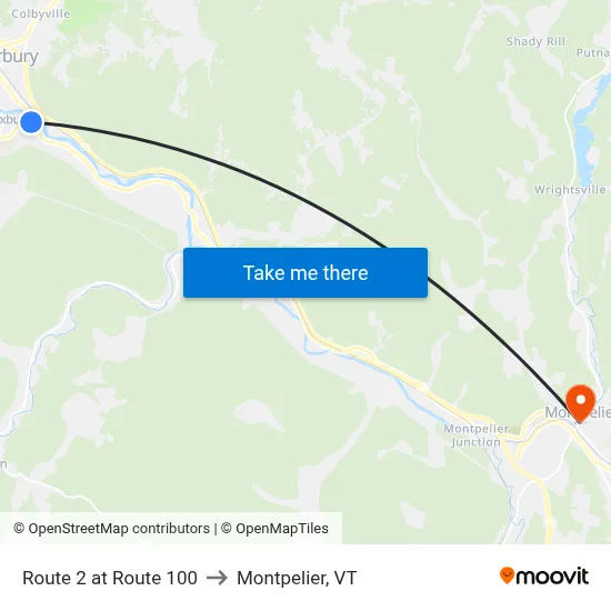 Route 2 at Route 100 to Montpelier, VT map