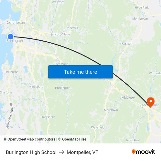 Burlington High School to Montpelier, VT map