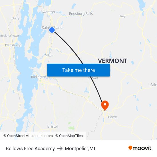 Bellows Free Academy to Montpelier, VT map