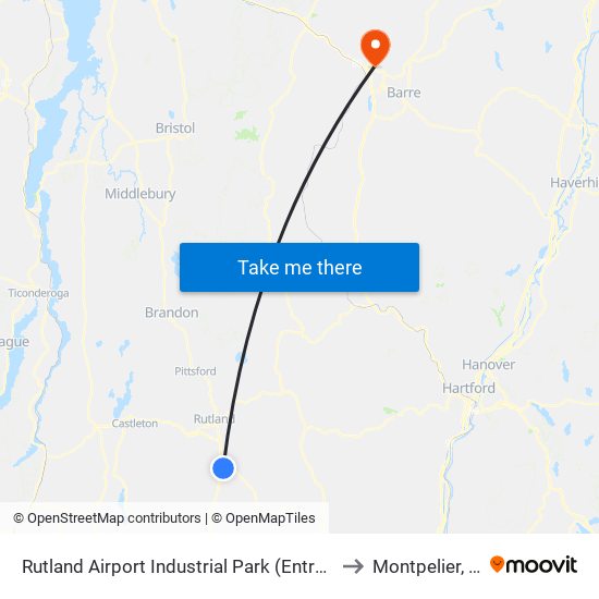 Rutland Airport Industrial Park (Entrance) to Montpelier, VT map