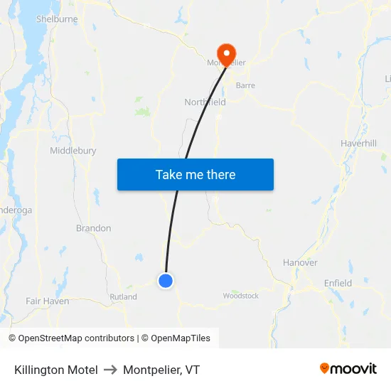 Killington Motel to Montpelier, VT map
