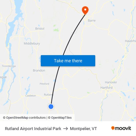 Rutland Airport Industrial Park to Montpelier, VT map