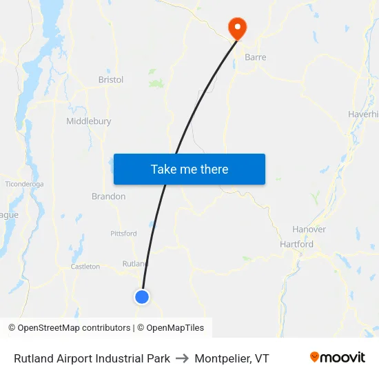 Rutland Airport Industrial Park to Montpelier, VT map