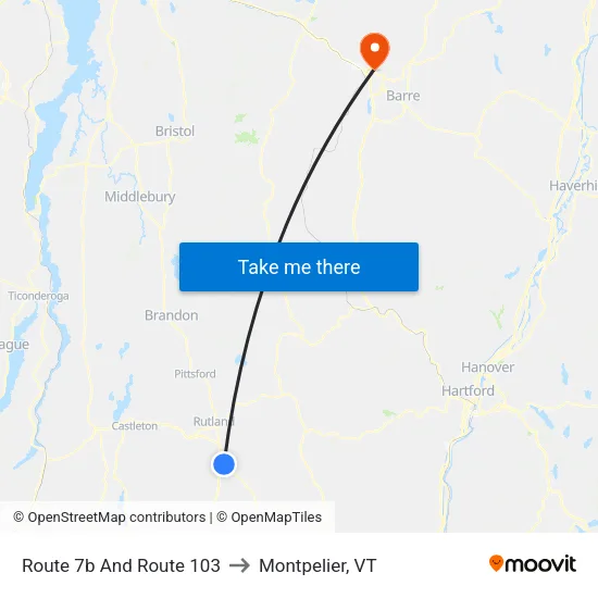 Route 7b And Route 103 to Montpelier, VT map