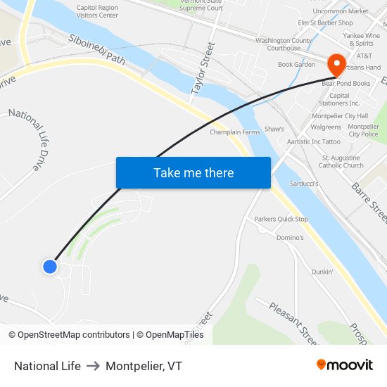 National Life to Montpelier, VT map