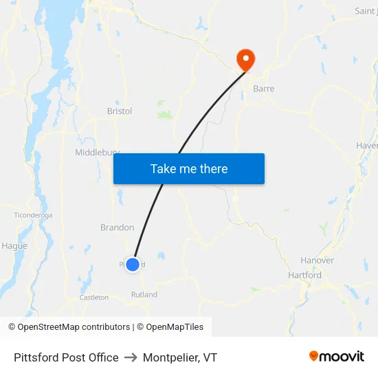 Pittsford Post Office to Montpelier, VT map