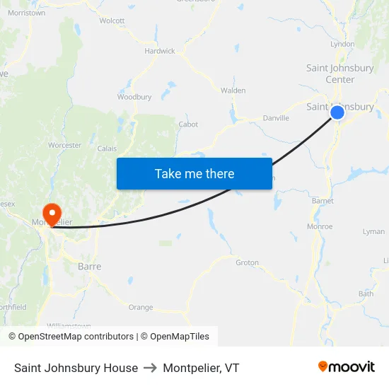 Saint Johnsbury House to Montpelier, VT map