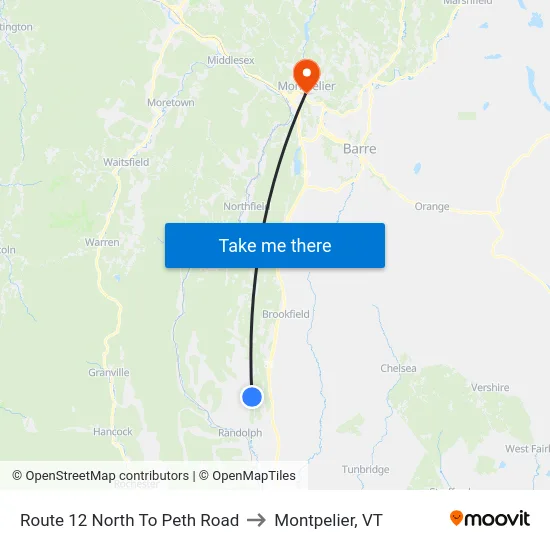 Route 12 North To Peth Road to Montpelier, VT map
