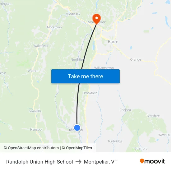 Randolph Union High School to Montpelier, VT map