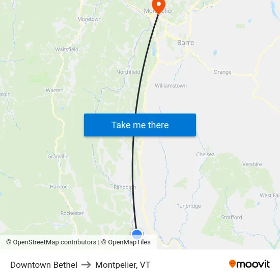 Downtown Bethel to Montpelier, VT map