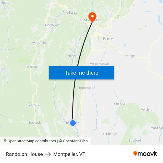 Randolph House to Montpelier, VT map