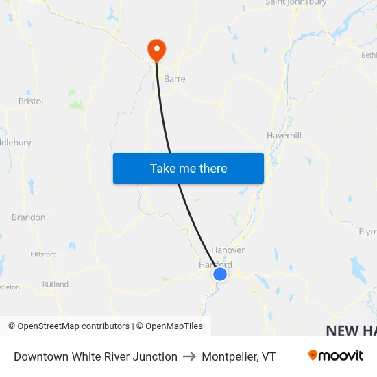 Downtown White River Junction to Montpelier, VT map