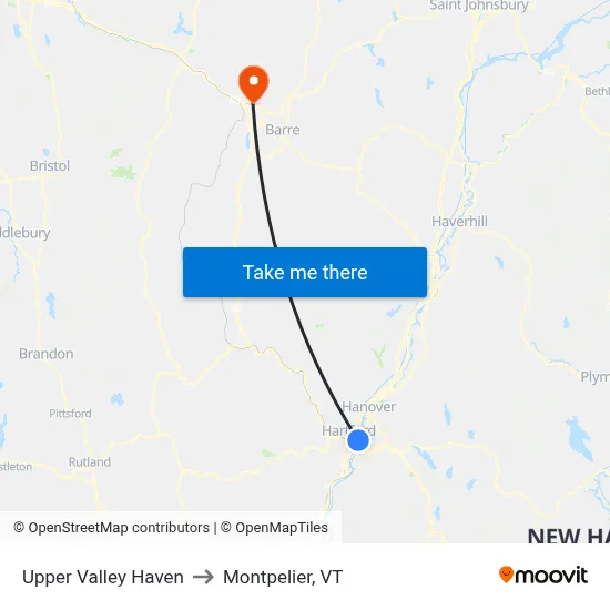 Upper Valley Haven to Montpelier, VT map