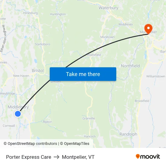 Porter Express Care to Montpelier, VT map