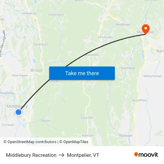 Middlebury Recreation to Montpelier, VT map