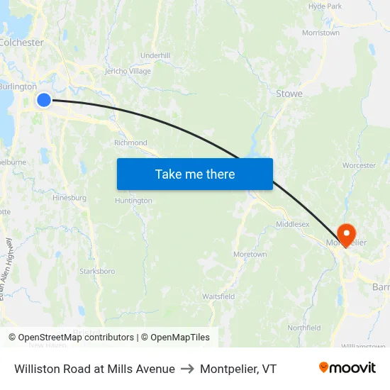 Williston Road at Mills Avenue to Montpelier, VT map