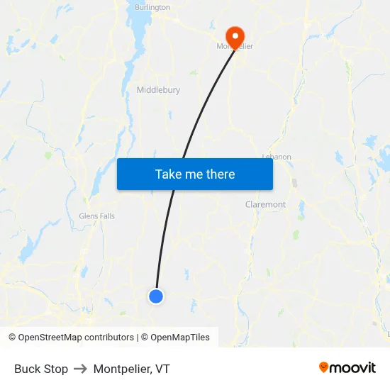 Buck Stop to Montpelier, VT map
