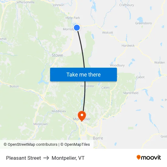Pleasant Street to Montpelier, VT map