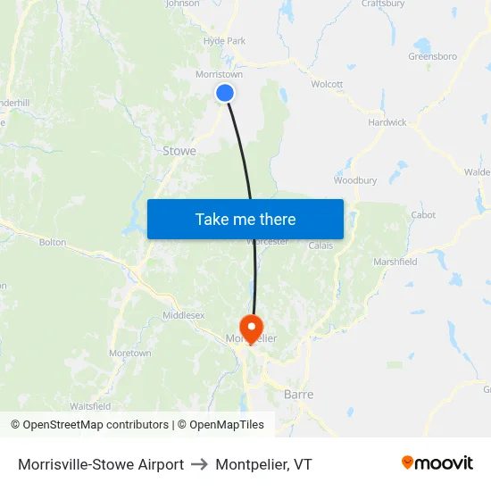 Morrisville-Stowe Airport to Montpelier, VT map