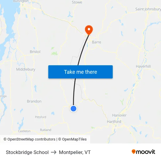Stockbridge School to Montpelier, VT map