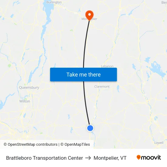 Brattleboro Transportation Center to Montpelier, VT map