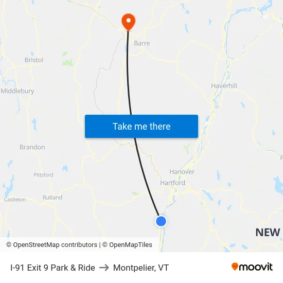 I-91 Exit 9 Park & Ride to Montpelier, VT map
