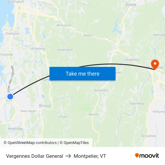 Vergennes Dollar General to Montpelier, VT map