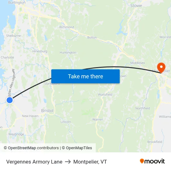 Vergennes Armory Lane to Montpelier, VT map