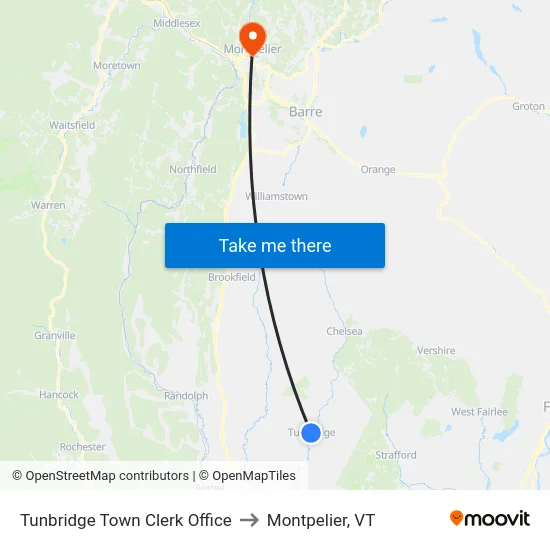 Tunbridge Town Clerk Office to Montpelier, VT map