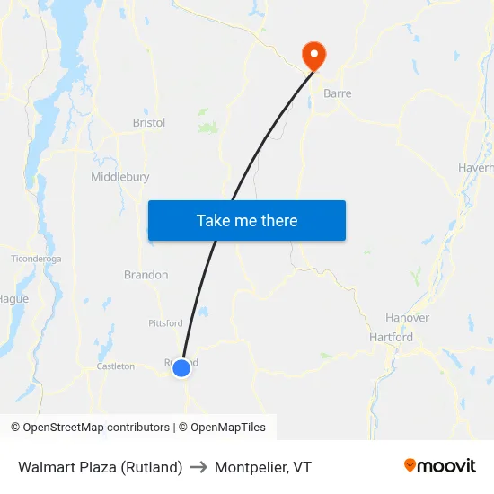 Walmart Plaza (Rutland) to Montpelier, VT map
