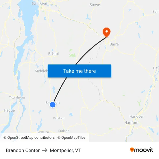 Brandon Center to Montpelier, VT map