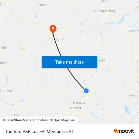 Thetford P&R Lot to Montpelier, VT map