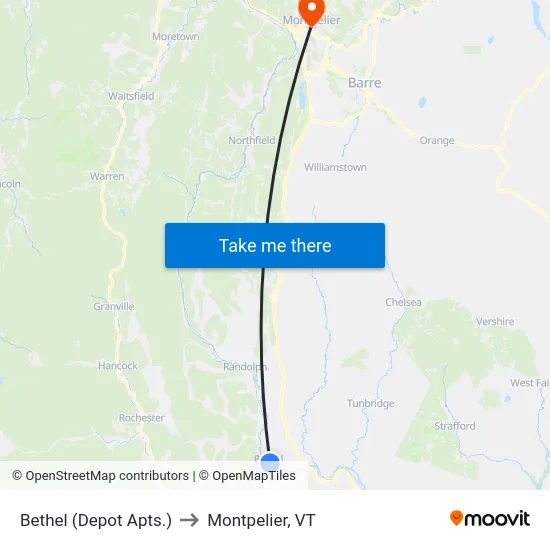 Bethel (Depot Apts.) to Montpelier, VT map