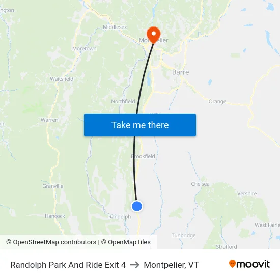 Randolph Park And Ride Exit 4 to Montpelier, VT map