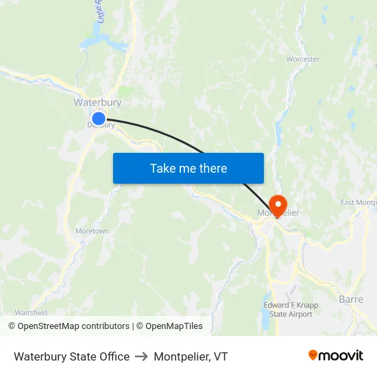 Waterbury State Office to Montpelier, VT map
