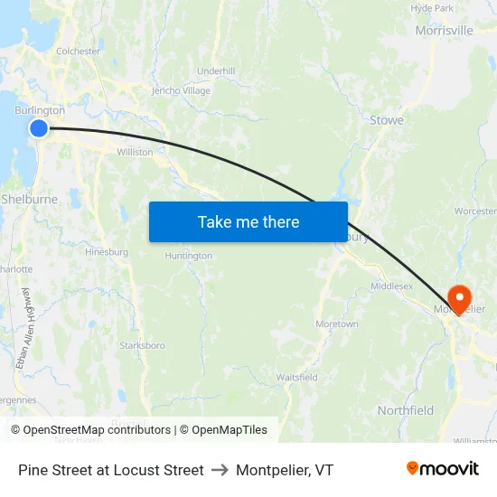 Pine Street at Locust Street to Montpelier, VT map