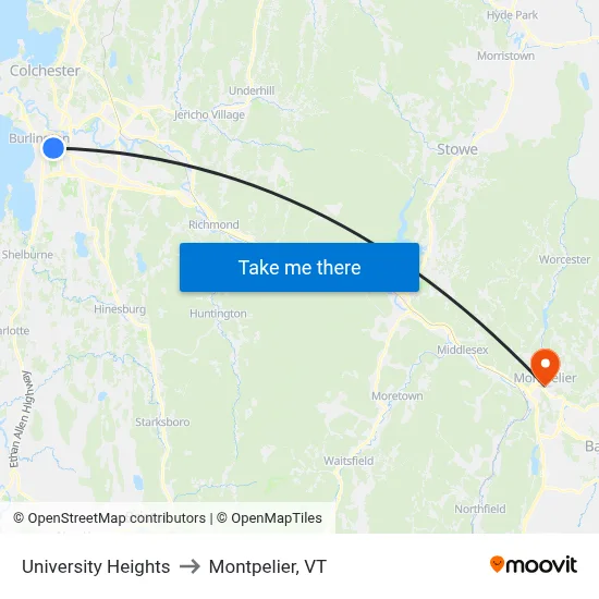 University Heights to Montpelier, VT map