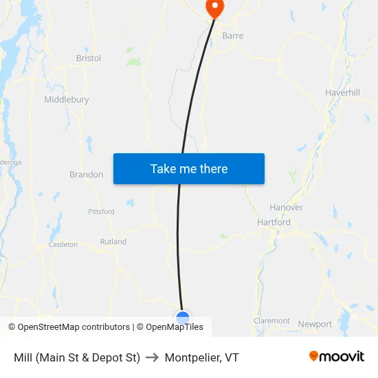 Mill (Main St & Depot St) to Montpelier, VT map