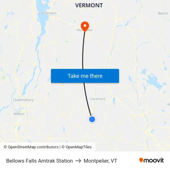 Bellows Falls Amtrak Station to Montpelier, VT map