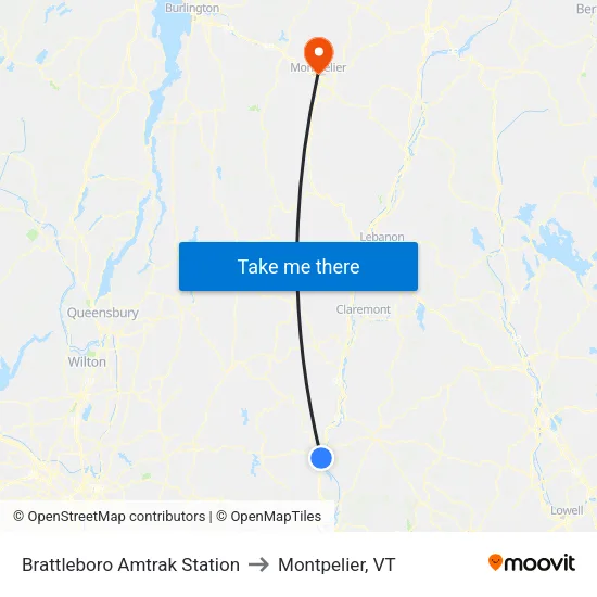Brattleboro Amtrak Station to Montpelier, VT map
