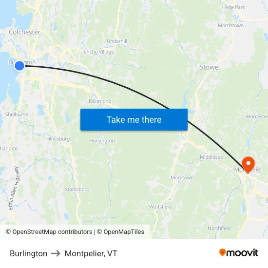 Burlington to Montpelier, VT map