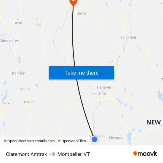 Claremont Amtrak to Montpelier, VT map